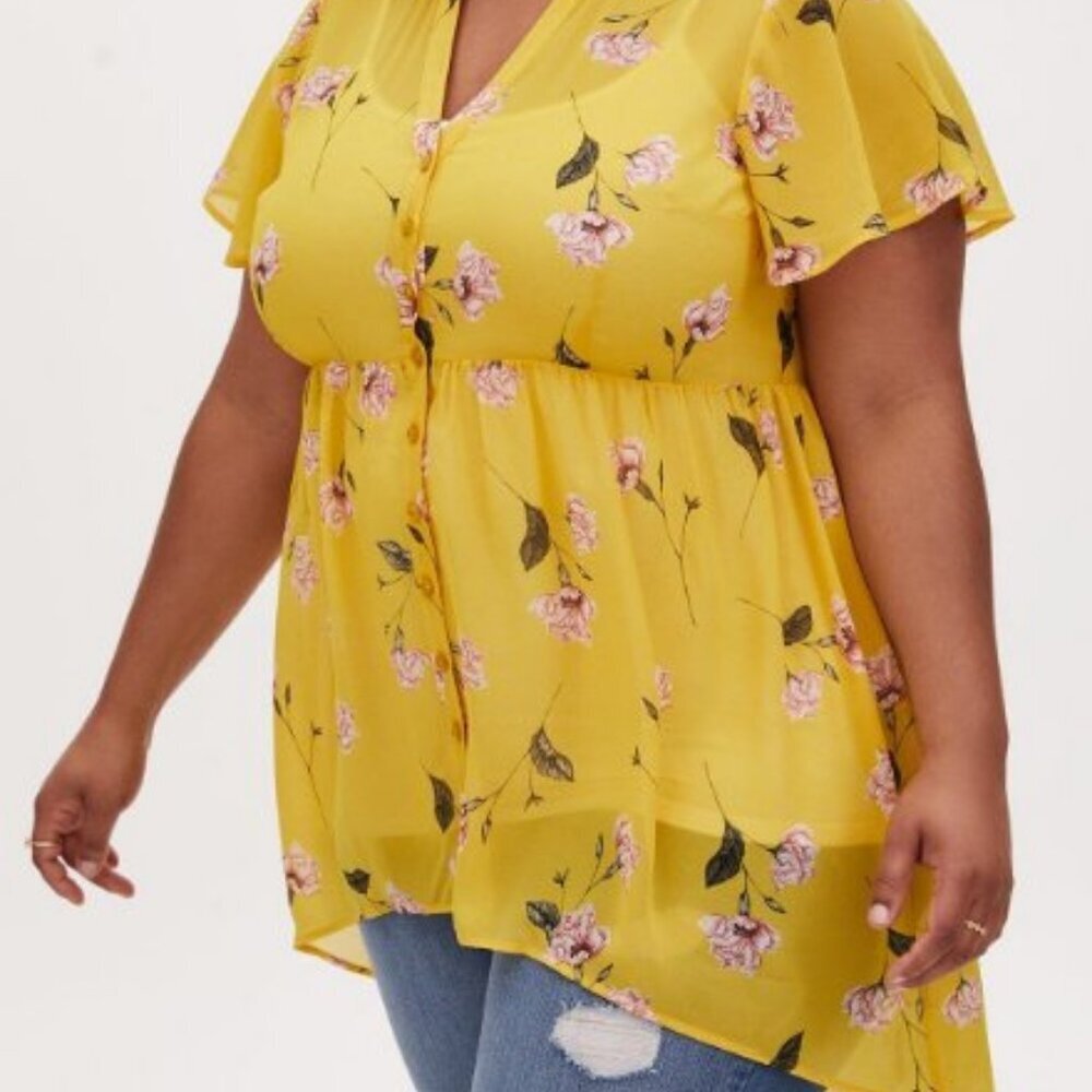 Torrid Lexie Babydoll Chiffon Top – Yellow Floral – Size 0 (L/12) NWOT - Picture 7 of 16